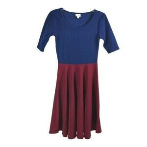 Womens Small Navy Blue Burgundy Fit & Flare Dress‎ Comfy Knit Midi Minimalist